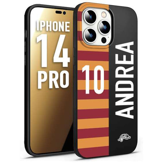 CUSTOMIZZA - Custodia cover nera morbida in tpu compatibile per iPhone 14 PRO personalizzata calcio football nome e numero calciatori giallo rossi