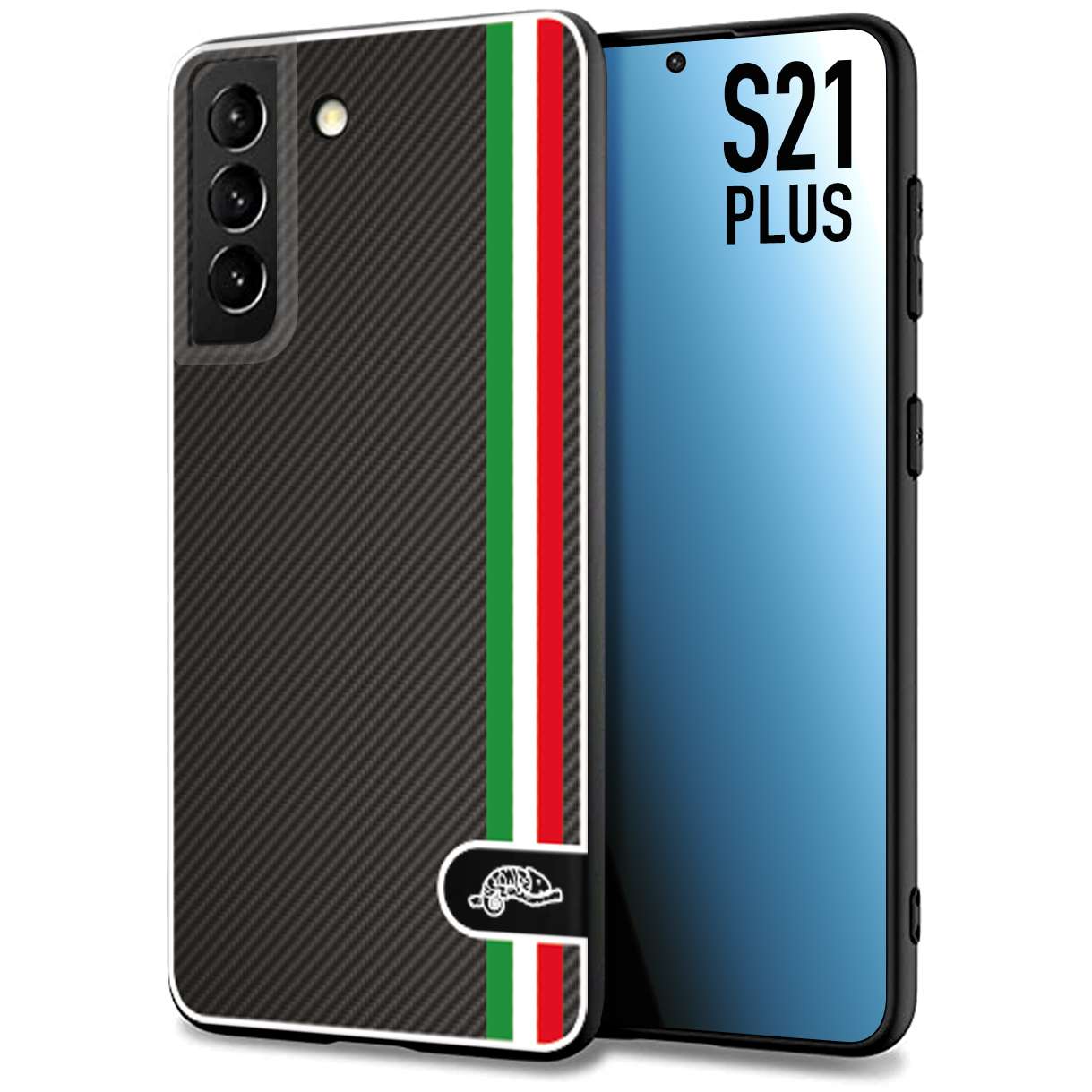 CUSTOMIZZA - Custodia cover nera morbida in tpu compatibile per Samsung S21 PLUS effetto fibra di carbonio bandiera Italia made in Italy