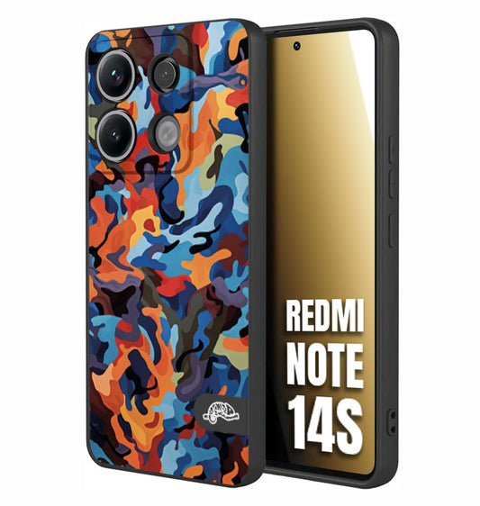 CUSTOMIZZA - Custodia cover nera morbida in tpu compatibile per Xiaomi Redmi Note 14S camouflage mimetico militare moderno blu arancio rosso