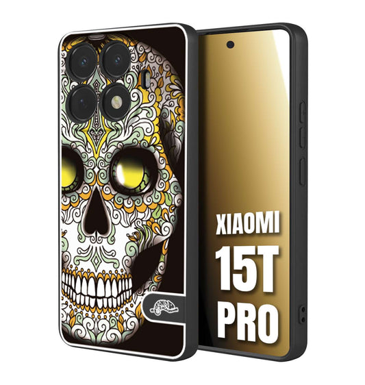 CUSTOMIZZA - Custodia cover nera morbida in tpu compatibile per Xiaomi 15T PRO teschio messicano Mexican skull bianco verde giallo