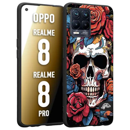 CUSTOMIZZA - Custodia cover nera morbida in tpu compatibile per Realme 8 - 8 PRO teschio skull flowers fiori rose rosse tattoo disegnato