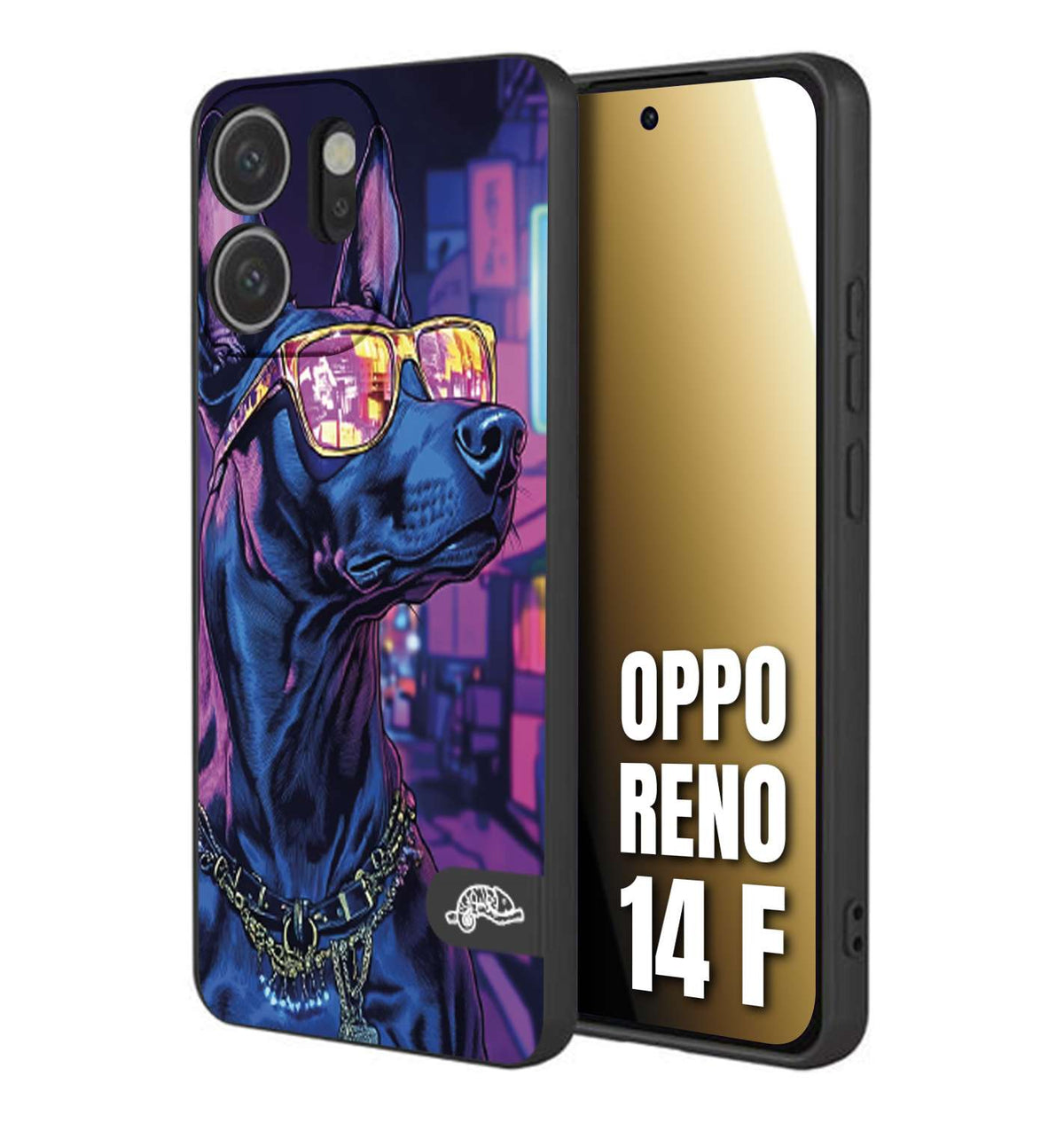 CUSTOMIZZA - Custodia cover nera morbida in tpu compatibile per Oppo Reno 14 F animali cyberpunk dobermann cane street dog fucsia blu night
