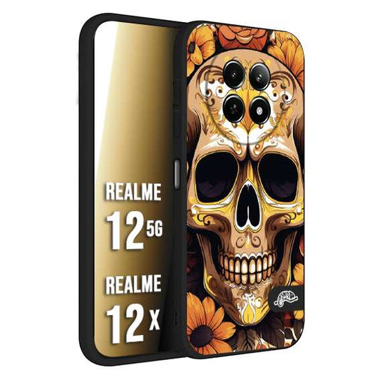 CUSTOMIZZA - Custodia cover nera morbida in tpu compatibile per Realme 12 5G - 12X teschio messicano colorato dorato fiori tattoo disegnato