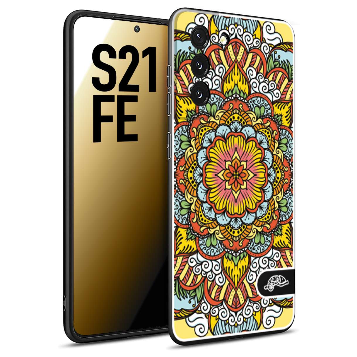 CUSTOMIZZA - Custodia cover nera morbida in tpu compatibile per Samsung S21 FE mandala colorato fiore nuvole arancione