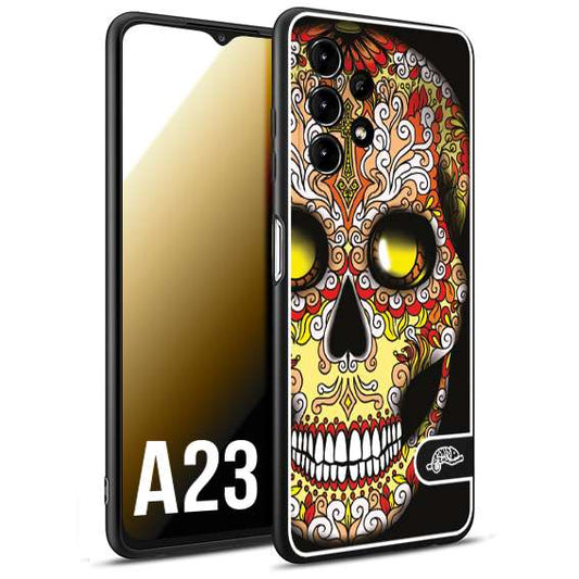 CUSTOMIZZA - Custodia cover nera morbida in tpu compatibile per Samsung A23 teschio messicano Mexican skull giallo rosso arancio