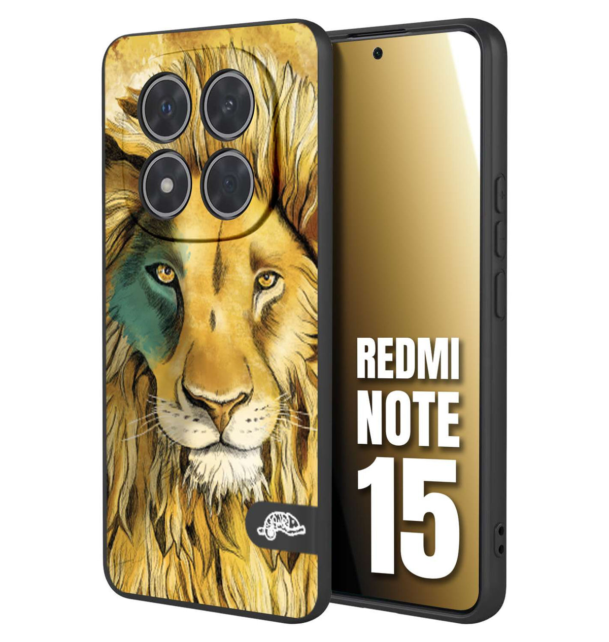 CUSTOMIZZA - Custodia cover nera morbida in tpu compatibile per Xiaomi Redmi Note 15 leone lion disegnato a mano giallo blu a rilievo artistico brown