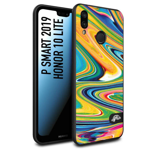 CUSTOMIZZA - Custodia cover nera morbida in tpu compatibile per Huawei P Smart 2019 colorata fantasia vortice marmo arcobaleno gialla verde blu