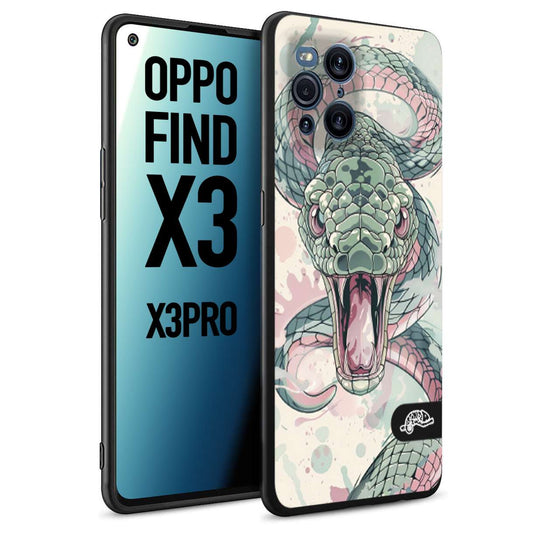CUSTOMIZZA - Custodia cover nera morbida in tpu compatibile per Oppo Find X3 - Find X3 Pro 5G snake pink green serpente tatuaggio tattoo disegnato a mano