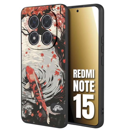 CUSTOMIZZA - Custodia cover nera morbida in tpu compatibile per Xiaomi Redmi Note 15 giapponese lago carpa koi rossa con foglie d'acero rosso disegnata tattoo