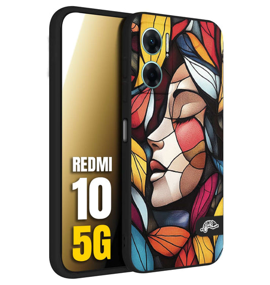 CUSTOMIZZA - Custodia cover nera morbida in tpu compatibile per Xiaomi Redmi 10 5G Vetrata artistica volto di donna profilo fogliare mosaico di vetro colorato