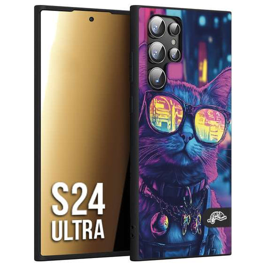 CUSTOMIZZA - Custodia cover nera morbida in tpu compatibile per Samsung S24 ULTRA animali cyberpunk gatto street cat fucsia blu giallo