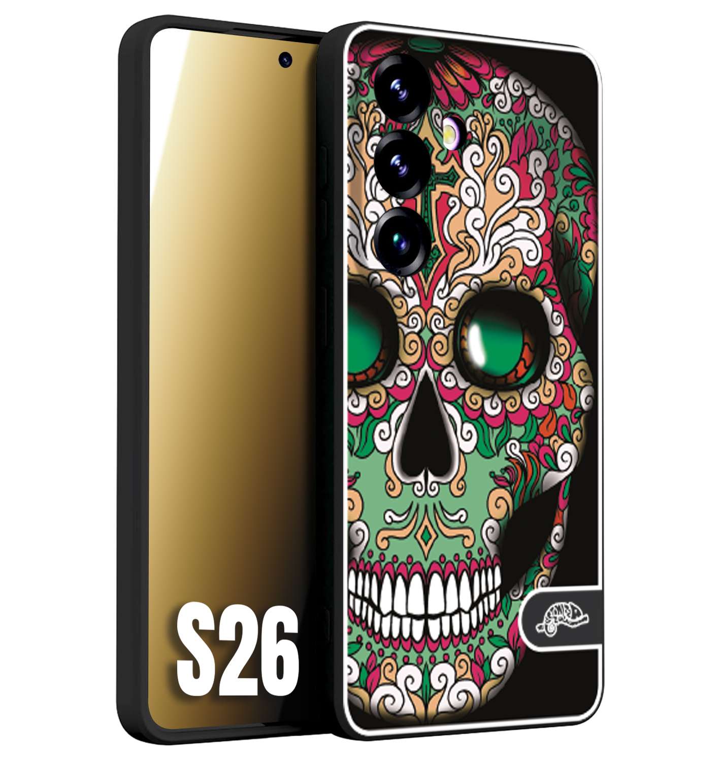 CUSTOMIZZA - Custodia cover nera morbida in tpu compatibile per Samsung S26 teschio messicano Mexican skull verde fucsia
