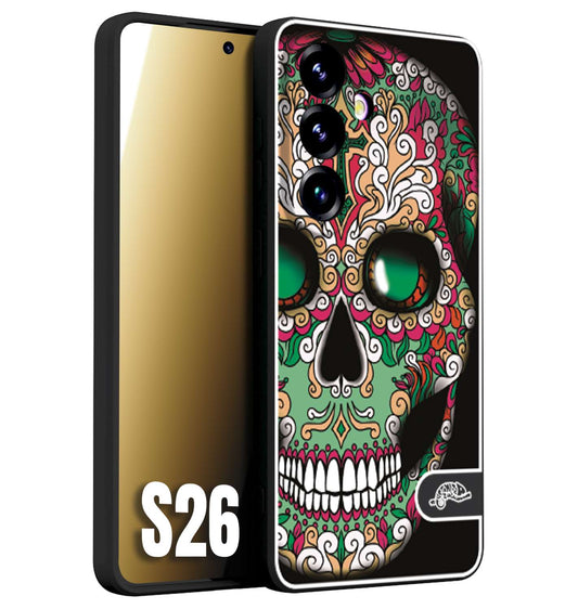 CUSTOMIZZA - Custodia cover nera morbida in tpu compatibile per Samsung S26 teschio messicano Mexican skull verde fucsia