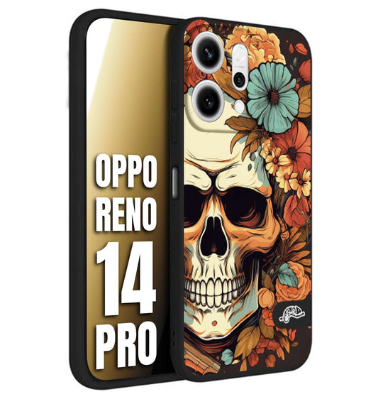 CUSTOMIZZA - Custodia cover nera morbida in tpu compatibile per Oppo Reno 14 PRO teschio skull flowers fiori autunnali arancio celeste tattoo
