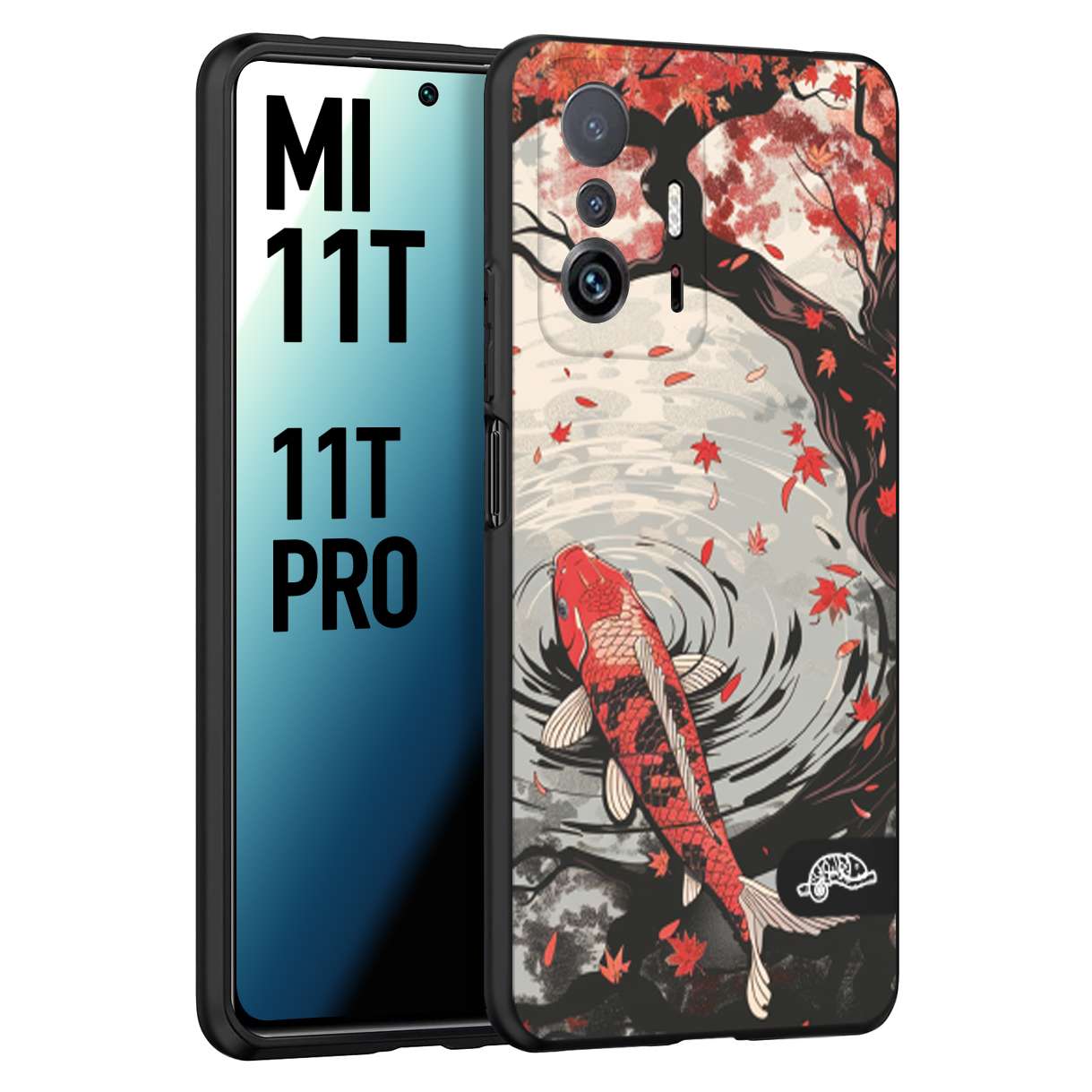 CUSTOMIZZA - Custodia cover nera morbida in tpu compatibile per Xiaomi Mi 11T - Mi 11T PRO giapponese lago carpa koi rossa con foglie d'acero rosso disegnata tattoo