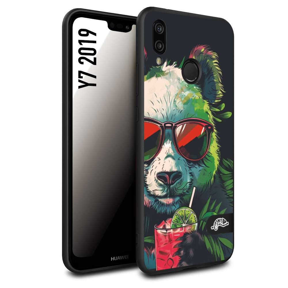 CUSTOMIZZA - Custodia cover nera morbida in tpu compatibile per Huawei Y7 2019 estate disegnata cocktails animali simpatici panda mojito