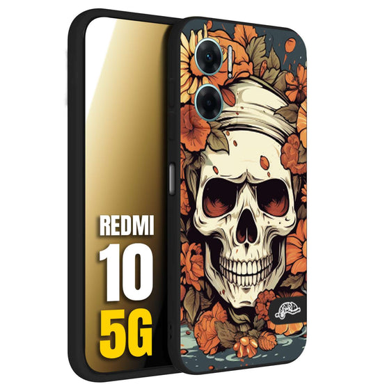 CUSTOMIZZA - Custodia cover nera morbida in tpu compatibile per Xiaomi Redmi 10 5G teschio skull flowers fiori tattoo disegnato alta definizione