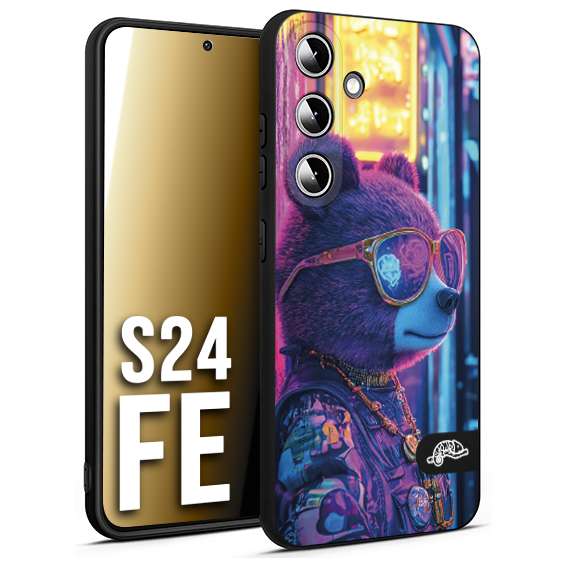 CUSTOMIZZA - Custodia cover nera morbida in tpu compatibile per Samsung S24 FE animali cyberpunk orsetto orso street bear fucsia blu night
