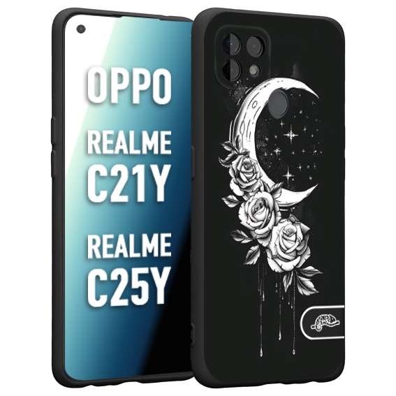 CUSTOMIZZA - Custodia cover nera morbida in tpu compatibile per Oppo Realme C21Y - C25Y luna e fiori moon flowers black and white bianco a rilievo disegnato tattoo tatuaggio