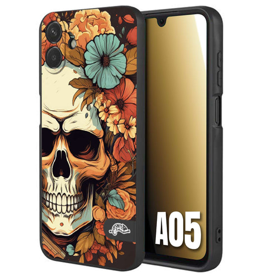 CUSTOMIZZA - Custodia cover nera morbida in tpu compatibile per Samsung A05 teschio skull flowers fiori autunnali arancio celeste tattoo
