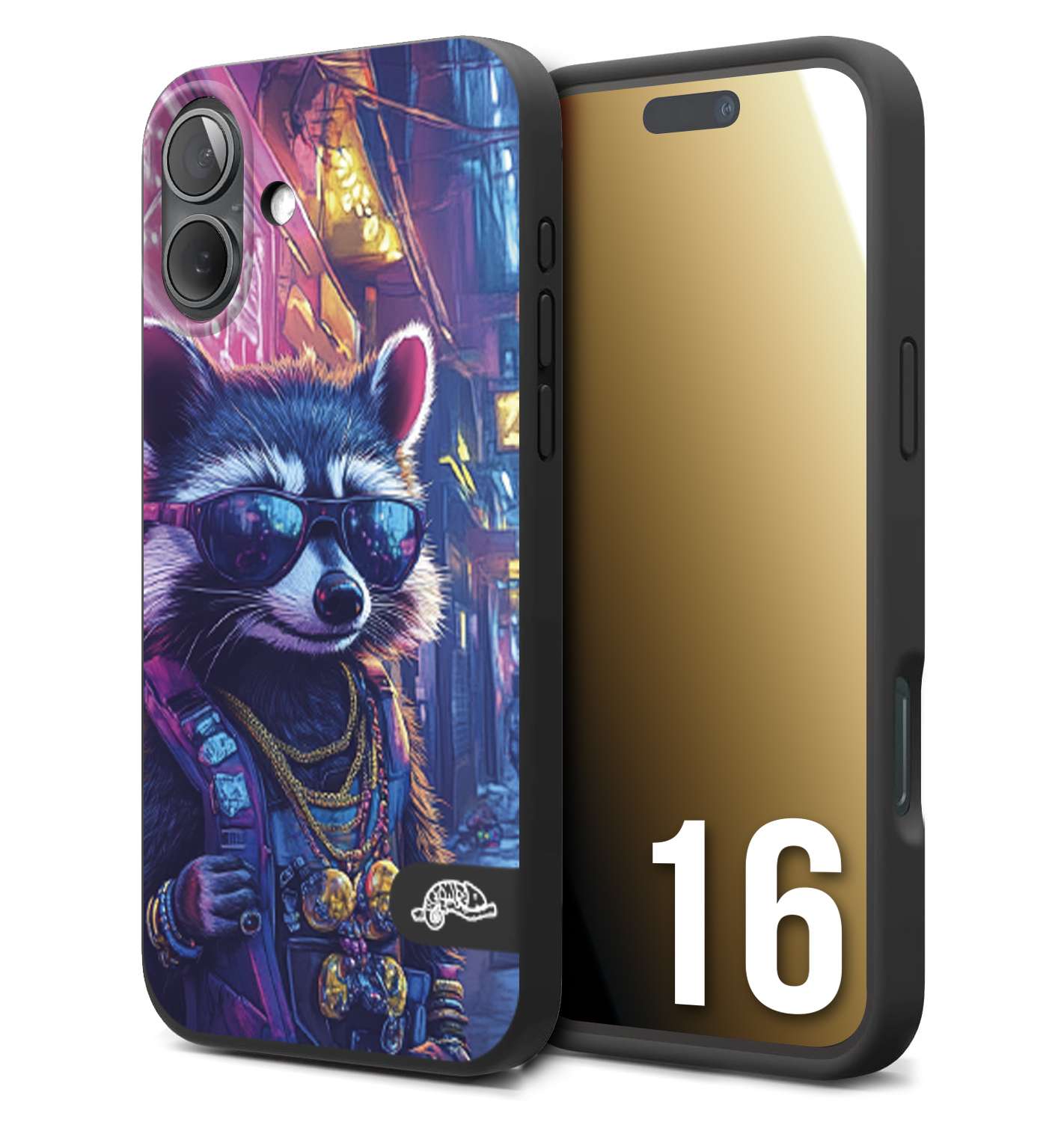 CUSTOMIZZA - Custodia cover nera morbida in tpu compatibile per iPhone 16 animali simpatici cyberpunk procione racoon street cat fucsia blu giallo