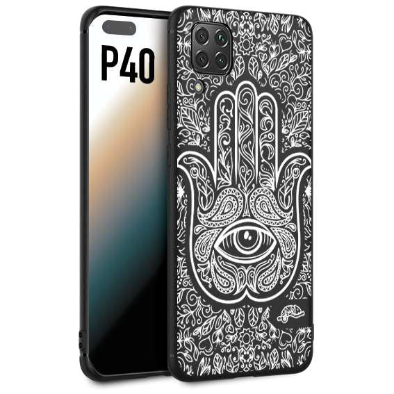 CUSTOMIZZA - Custodia cover nera morbida in tpu compatibile per Huawei P40 mano di fatima effetto rilievo mandala donna