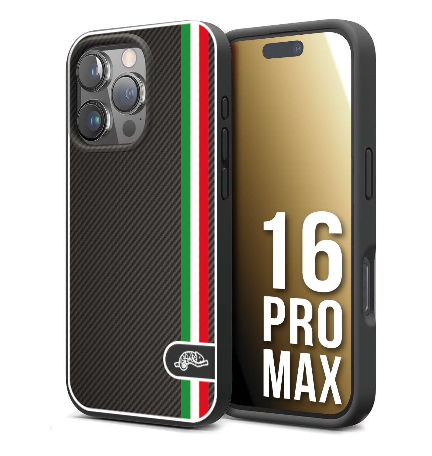 CUSTOMIZZA - Custodia cover nera morbida in tpu compatibile per iPhone 16 PRO MAX effetto fibra di carbonio bandiera Italia made in Italy