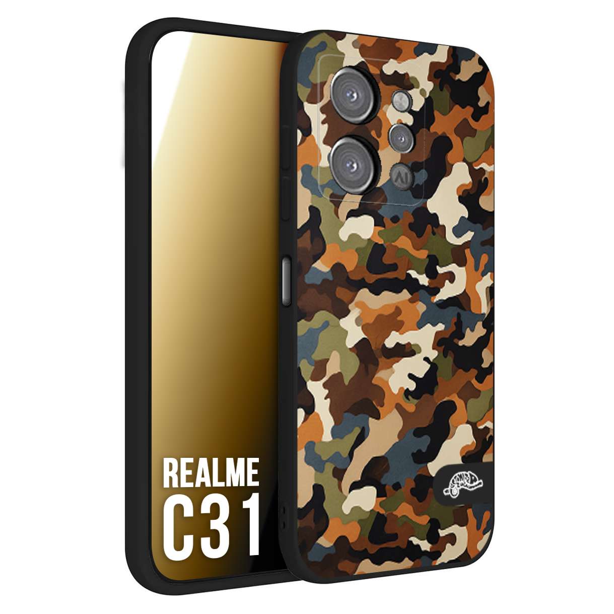 CUSTOMIZZA - Custodia cover nera morbida in tpu compatibile per Oppo Realme C31 camouflage mimetico militare moderno blu marrone beige