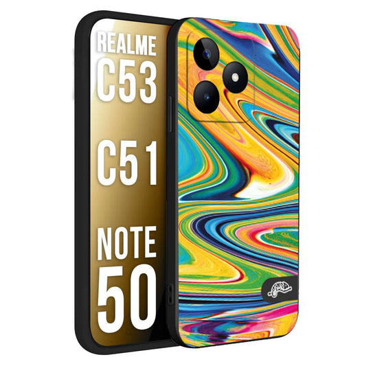 CUSTOMIZZA - Custodia cover nera morbida in tpu compatibile per Oppo Realme C53 - C51 - NOTE 50 colorata fantasia vortice marmo arcobaleno gialla verde blu