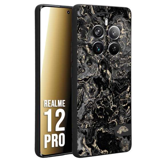 CUSTOMIZZA - Custodia cover nera morbida in tpu compatibile per Realme 12 PRO effetto marmo marble nero black venature dorato pietra