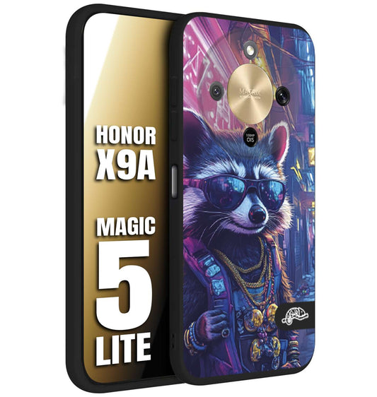 CUSTOMIZZA - Custodia cover nera morbida in tpu compatibile per Honor X9A - Honor Magic 5 Lite animali simpatici cyberpunk procione racoon street cat fucsia blu giallo