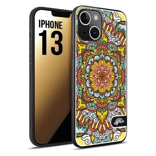 CUSTOMIZZA - Custodia cover nera morbida in tpu compatibile per iPhone 13 mandala colorato fiore nuvole arancione