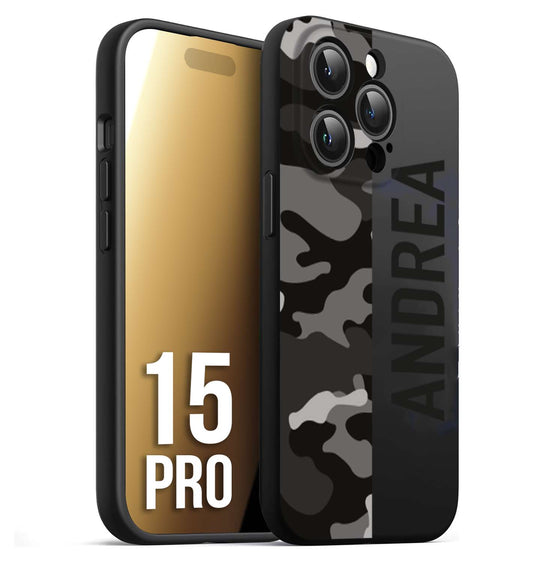 CUSTOMIZZA - Custodia cover nera morbida in tpu compatibile per iPhone 15 PRO camouflage mimetico militare personalizzata nome