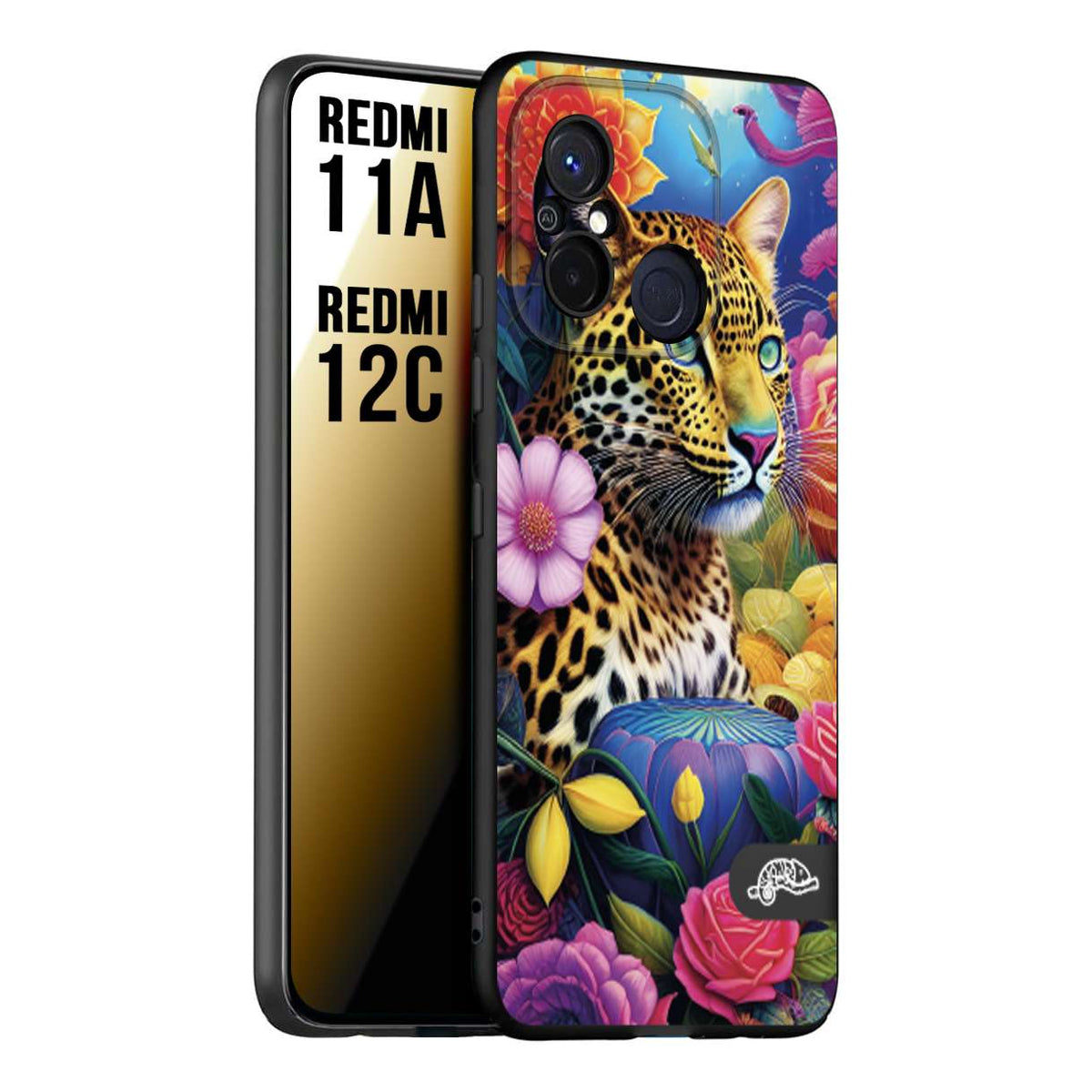 CUSTOMIZZA - Custodia cover nera morbida in tpu compatibile per Xiaomi Redmi 11A - 12C astratti donna flower fantasia leopardo ghepardo animali colorati