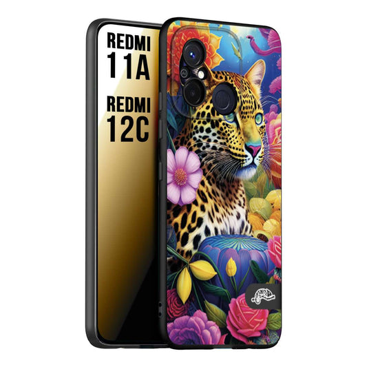 CUSTOMIZZA - Custodia cover nera morbida in tpu compatibile per Xiaomi Redmi 11A - 12C astratti donna flower fantasia leopardo ghepardo animali colorati