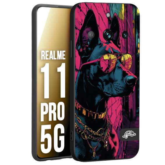 CUSTOMIZZA - Custodia cover nera morbida in tpu compatibile per Realme 11 PRO 5G animali cyberpunk dobermann cane street dog fucsia blu