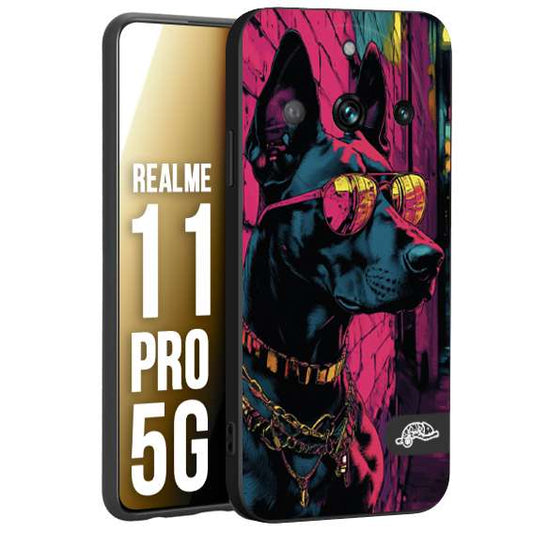 CUSTOMIZZA - Custodia cover nera morbida in tpu compatibile per Realme 11 PRO 5G animali cyberpunk dobermann cane street dog fucsia blu