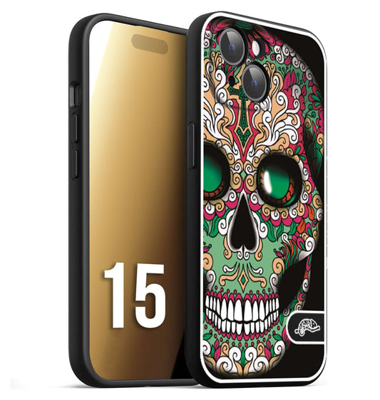CUSTOMIZZA - Custodia cover nera morbida in tpu compatibile per iPhone 15 teschio messicano Mexican skull verde fucsia