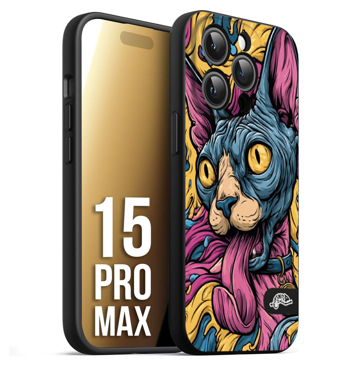 CUSTOMIZZA - Custodia cover nera morbida in tpu compatibile per iPhone 15 PRO MAX Sphynx Colorato Pop Art Psichedelico Gatto Blu Rosa Giallo Artistica Fantasy