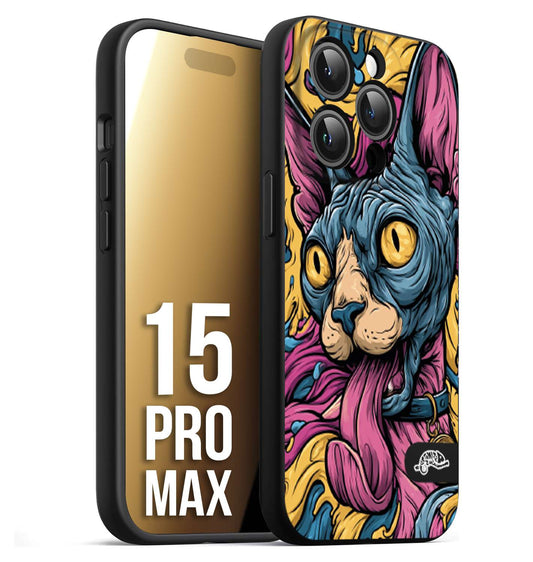 CUSTOMIZZA - Custodia cover nera morbida in tpu compatibile per iPhone 15 PRO MAX Sphynx Colorato Pop Art Psichedelico Gatto Blu Rosa Giallo Artistica Fantasy
