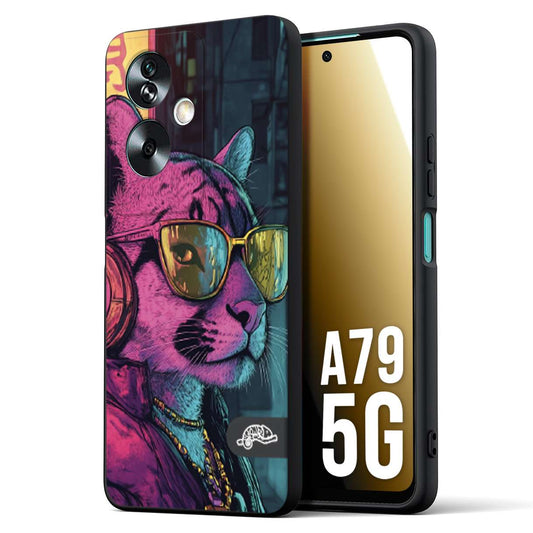 CUSTOMIZZA - Custodia cover nera morbida in tpu compatibile per Oppo A79 5G animali cyberpunk pantera street cat fucsia blu giallo