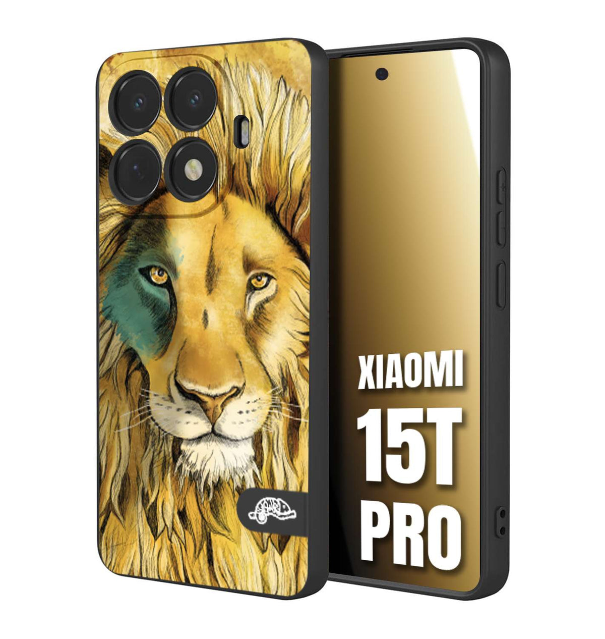 CUSTOMIZZA - Custodia cover nera morbida in tpu compatibile per Xiaomi 15T PRO leone lion disegnato a mano giallo blu a rilievo artistico brown