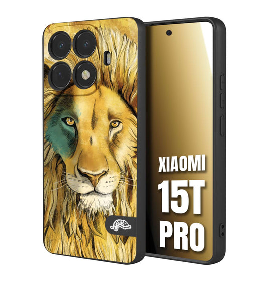 CUSTOMIZZA - Custodia cover nera morbida in tpu compatibile per Xiaomi 15T PRO leone lion disegnato a mano giallo blu a rilievo artistico brown
