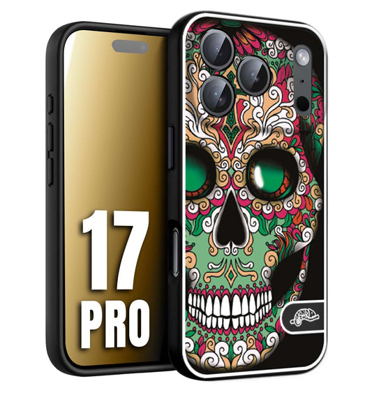 CUSTOMIZZA - Custodia cover nera morbida in tpu compatibile per iPhone 17 PRO teschio messicano Mexican skull verde fucsia