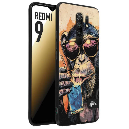 CUSTOMIZZA - Custodia cover nera morbida in tpu compatibile per Xiaomi Redmi 9 estate disegnata cocktails animali simpatici scimmia monkey negroni