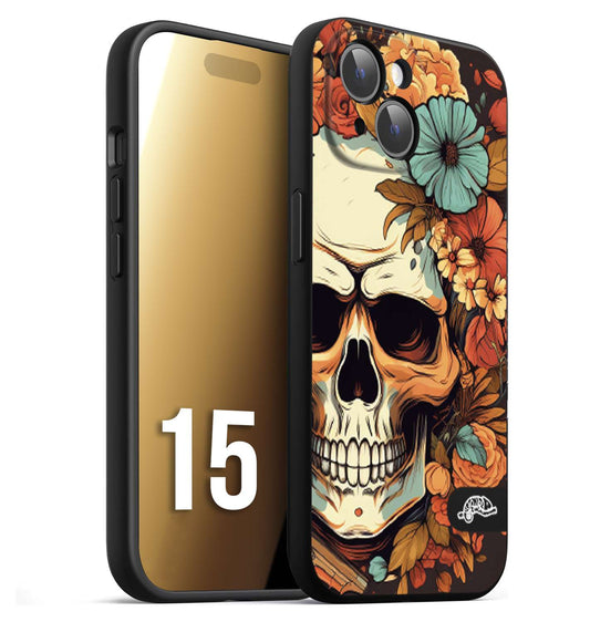 CUSTOMIZZA - Custodia cover nera morbida in tpu compatibile per iPhone 15 teschio skull flowers fiori autunnali arancio celeste tattoo
