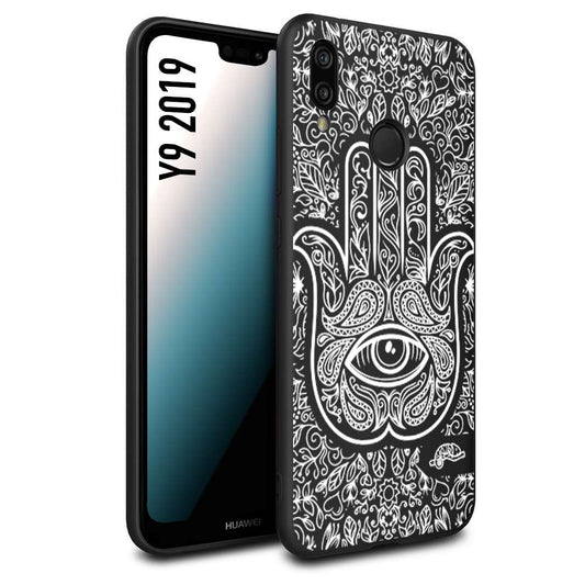 CUSTOMIZZA - Custodia cover nera morbida in tpu compatibile per Huawei Y9 2019 mano di fatima effetto rilievo mandala donna