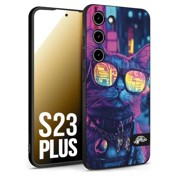 CUSTOMIZZA - Custodia cover nera morbida in tpu compatibile per Samsung S23 PLUS animali cyberpunk gatto street cat fucsia blu giallo