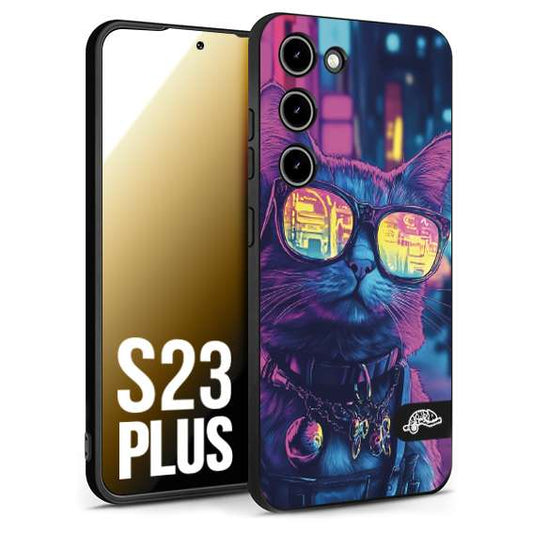 CUSTOMIZZA - Custodia cover nera morbida in tpu compatibile per Samsung S23 PLUS animali cyberpunk gatto street cat fucsia blu giallo