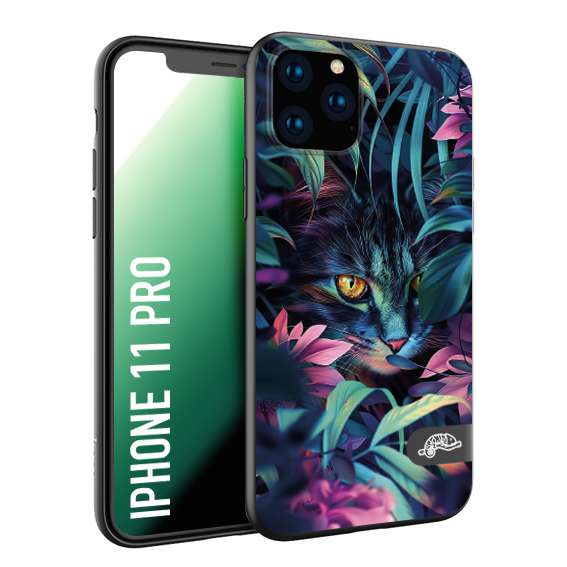 CUSTOMIZZA - Custodia cover nera morbida in tpu compatibile per iPhone 11 PRO animali color giungla tropicale occhio di gatto colori vibranti disegnato